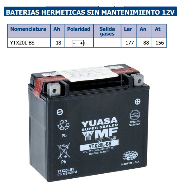 BATERIA YUASA YTX 20 L B S